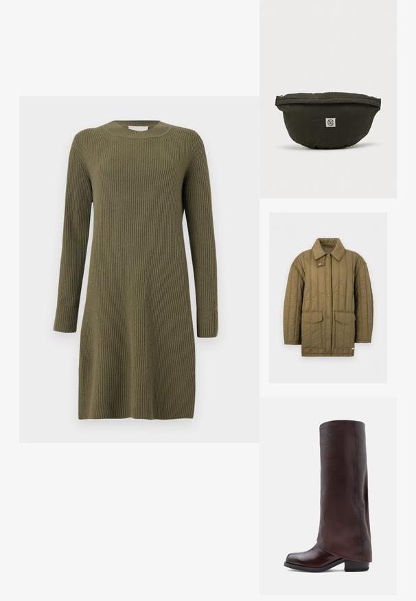 Tikitud oliivroheline jakk snap-nupukinnitusega ees, kahe suure klapiga tasku ja laia kraega, millel on lisaks ka snap-lipik.; CLOSED CREW NECK DRESS LONG SLEEVE - Kampsunkleit - forest green; Tumedas pruuni nahast kõrge säärega saabas, madala blokkninäga ja ümarate varvastel, esitatud külgprofilis valgel taustal.; Tume roheline kattega kangas vöökott, mille esiosas on lihtsa tausta vastas keskel väike valge logolaik.