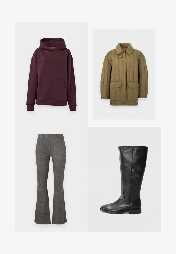 Quiltet olivengrøn jakke med trykknaplukning foran, to store klaplommer og en bred krave med en ekstra trykknapstrop.; Bordeaux hoodie med kænguru-lomme, brede ærmer og en rummelig hætte. Fremstillet af blødt, strækbart bomuldsblandingsmateriale.; Mørkegrå, flagrende bukser med et subtilt krøllet mønster, for- og baglommer, bæltesløjfer og en knaplukning i taljen.; Sorte læderknæstøvler med lav hæl og rund tå, der viser syninger langs skaftet og vampen.