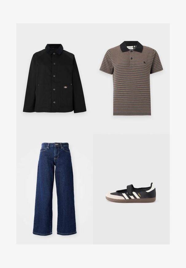 Schwarze Jacke mit Knopfleiste, Cordkragen, zwei Fronttaschen und kleinem rechteckigem Logoaufnäher auf der rechten Tasche.; Kurzärmliges Poloshirt mit dünnen horizontalen mehrfarbigen Streifen und einem einfarbigen schwarzen Kragen mit einer Knopfleiste mit zwei Knöpfen.; Dunkelblaue weit geschnittene Jeans aus Denim, mit einem Knopf- und Reißverschluss, Gürtelschlaufen und klassischem Fünf-Taschen-Design.; Schwarzer und beiger Sneaker mit Klettverschluss, drei weißen Streifen an der Seite und einer strukturierten braunen Gummisohle. Markenlogo sichtbar.