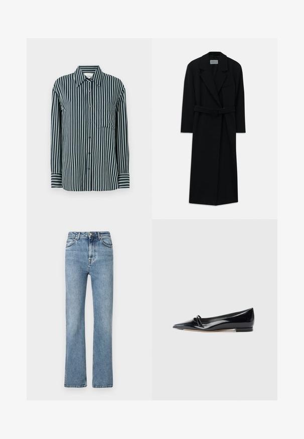 Abrigo negro con cinturón, grandes solapas y mangas largas. Cuenta con un bolsillo en el pecho y una silueta recta. Textura suave.; Camisa de botones con rayas verticales en azul marino y verde claro, cuello clásico, mangas largas y un solo bolsillo en el pecho. Fabricada en tejido suave.; Jeans de denim de color azul claro con cintura alta, perneras acampanadas, un leve desvanecimiento y detalles de costura. Diseño clásico con bolsillos delanteros y cierre de botón.; Zapato plano de charol negro con punta afilada, pequeña tira decorativa y tacón bajo. Textura suave y diseño elegante.
