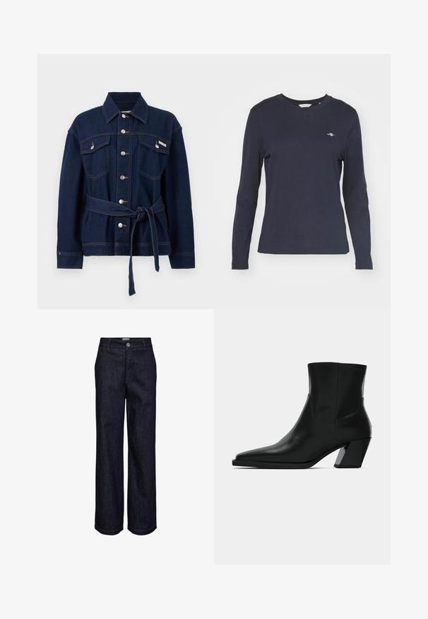 Dunkelblaue Jeansjacke mit Knopfverschluss, zwei Brusttaschen und einem passenden Stoffgürtel, der in der Taille gebunden ist.; Dunkelblaue Langarm-T-Shirt aus Baumwolle, mit Rundhalsausschnitt und kleinem Logo auf der linken Brust. Glatte Textur.; Dunkelblaue Denim-Jeans mit geradem Bein, Knopf- und Reißverschluss, Gürtelschlaufen und sichtbaren Nahtdetails.; Schwarze Leder-Stiefelette mit spitzem Zeh, schlanker Silhouette und klobigem quadratischem Absatz. Glatte Textur mit minimalen Nähdetails.