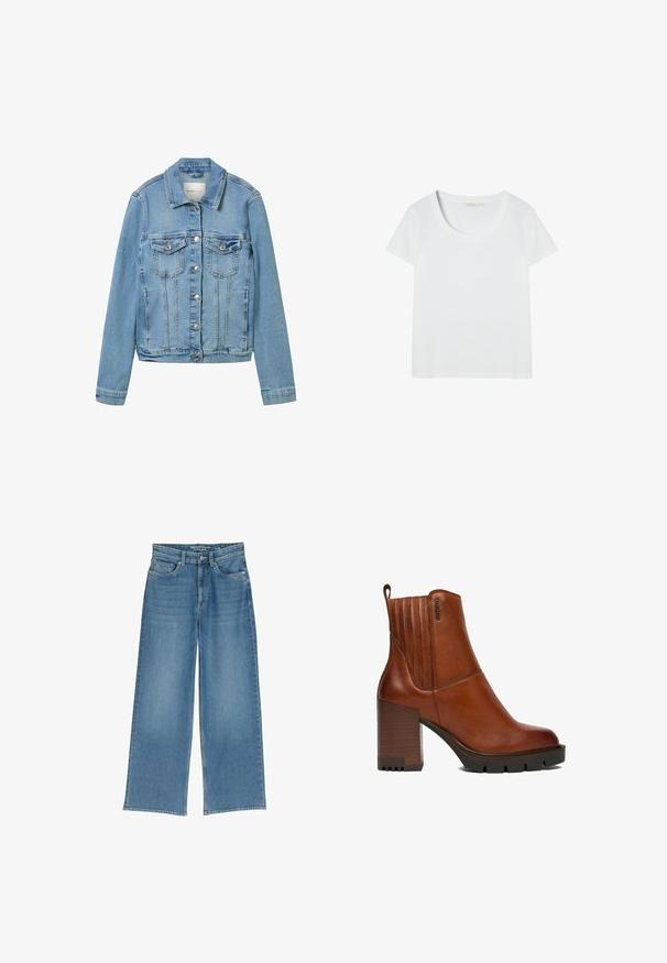 Lyseblå denimjakke med sølvknapper, to brystlommer og klassisk krave. Har strukturerede sømme og en let cropped pasform.; Hvid kortærmet bomuld T-shirt med rund halsudskæring, mærket størrelse small, vist på en ensfarvet hvid baggrund.; Lyseblå jeans med bred benvidde og høj talje, fem lommer og synlig syning; stoffet har en let struktureret overflade.; Brun læderankelstøvle med chunky stablet hæl, rillede sorte såler, lodret syning og en træksnor bagpå.