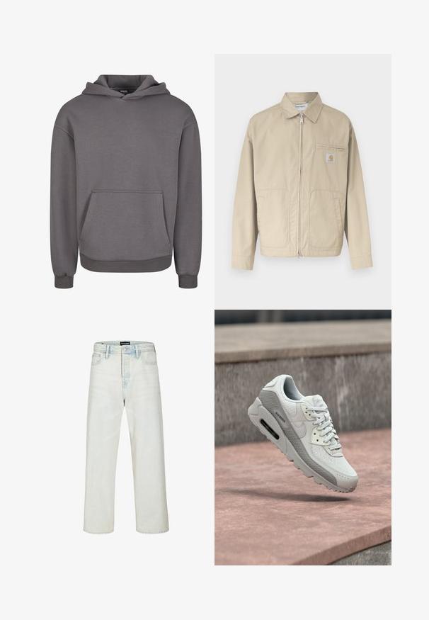Veste beige à fermeture éclair avec col, deux poches frontales et une petite étiquette logo Carhartt sur la poche poitrine gauche.; Sweat à capuche gris en tissu doux, doté d'une poche kangourou, de poignets côtelés et d'une coupe décontractée. Texture lisse, design simple.; Jean droit délavé clair à taille haute, avec bouton sur le devant et design à cinq poches de Jack & Jones.; Baskets athlétiques blanches et grises avec détails en mesh et cuir qui flottent au-dessus d'une surface en pierre rose et d'un fond en béton gris.