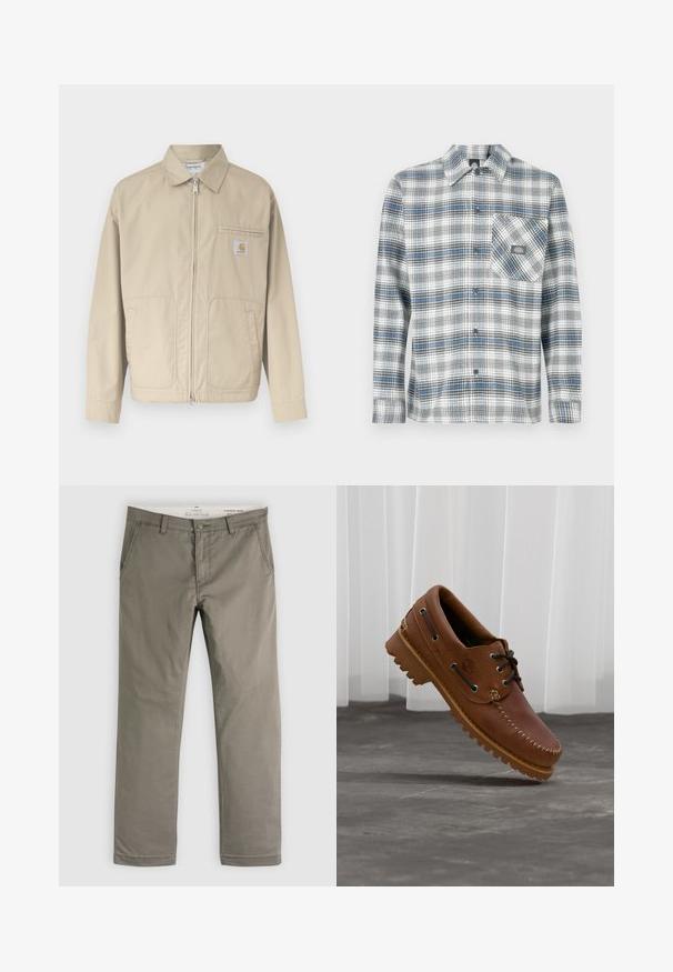Veste beige à fermeture éclair avec col, deux poches frontales et une petite étiquette logo Carhartt sur la poche poitrine gauche.; Chemise à manches longues à carreaux gris, bleu et blanc. Dispose d'un col boutonné et d'une poche poitrine gauche avec un patch logo.; Pantalon droit kaki pour homme avec poches avant, passants pour ceinture et fermeture par bouton, étalé à plat sur un fond blanc.; Chaussure de bateau en cuir marron avec des lacets noirs, des coutures beiges et une semelle robuste, suspendue au-dessus d'un sol en béton gris.