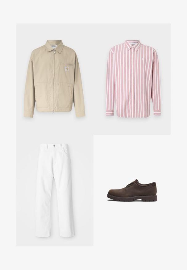 Beige jas met ritssluiting en kraag, twee voorzakken en een klein Carhartt-logo op het linkerborstzakje.; Gestreept overhemd met knopen in roze en wit. Heeft een kraag, lange mouwen en een klein logo. Gemaakt van geweven stof.; Witte denim broek met een rechte pijpdesign, voorzien van een sluiting met een voorknoop en ritssluiting, vijf zakken en een schone, gestructureerde afwerking.; Bruine leren schoenen met een ronde neus en vetersluiting. Voorzien van een gestructureerd oppervlak en een rubberen zool met hoge grip. Subtiel logo aan de zijkant.
