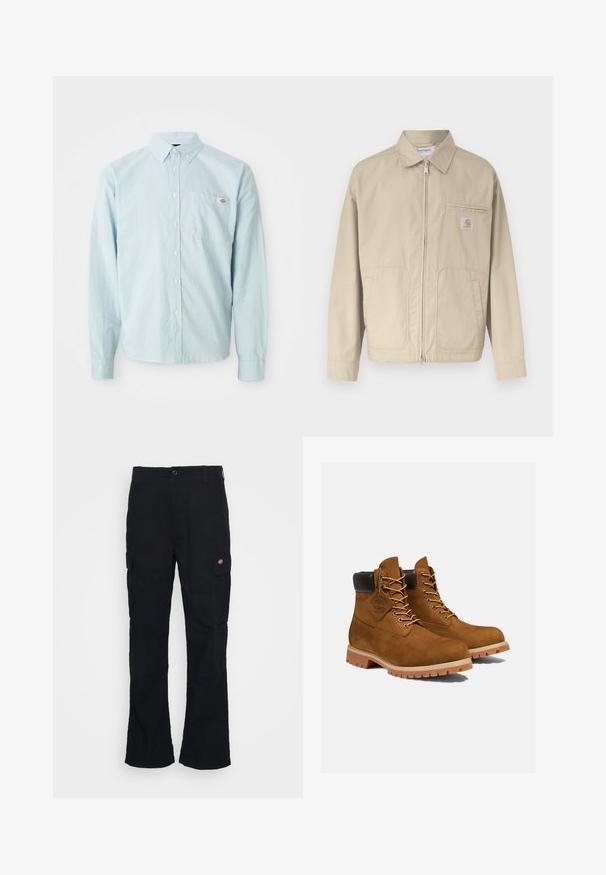 Beige jas met ritssluiting en kraag, twee voorzakken en een klein Carhartt-logo op het linkerborstzakje.; Lichtblauw overhemd met lange mouwen en knoopsluiting, met een geknoopte kraag en borstzak die voorzien is van een klein rood-wit logo patch.; Zwarte cargobroek met een rechte pijpdesign, gemaakt van duurzaam materiaal, voorzien van zijzakken en een patchlogo aan de linkerkant.; Bruine suède enkellaarsjes met een gevoerde zwarte kraag, gouden oogjes en een dikke rubberen zool met een profielpatroon voor grip.
