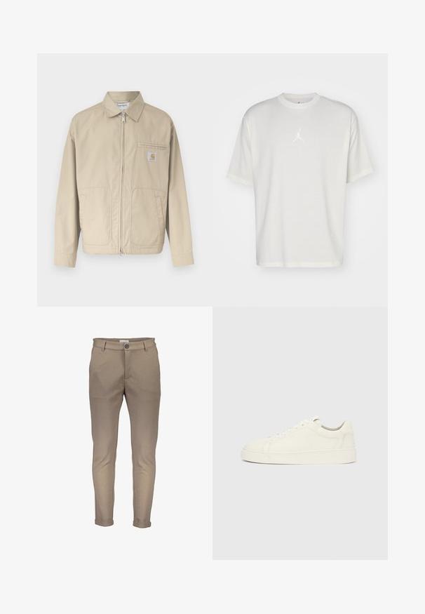 Beige jas met ritssluiting en kraag, twee voorzakken en een klein Carhartt-logo op het linkerborstzakje.; Witte katoenen t-shirt met een ronde halslijn, korte mouwen en een klein geborduurd logo in het midden. Losse pasvorm met minimale stiksels.; Beige katoenmengselbroek met een slanke pasvorm, voorzien van een knoopsluiting, riemlussen en opgerolde pijpen. Gladde textuur met nette stiksels.; Witte leren sneaker met lage schacht, veterluiting en platte zool, zijaanzicht, op een effen lichtgrijze achtergrond.