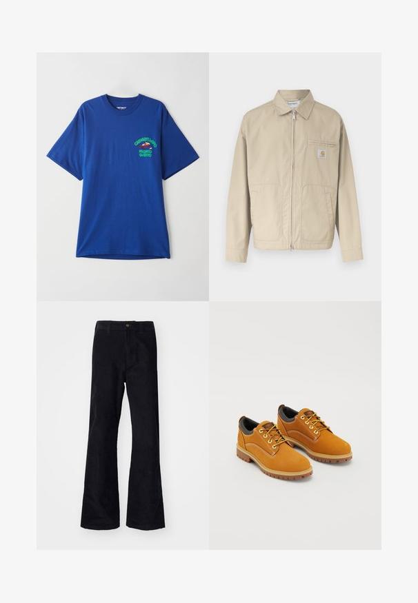 Beige jas met ritssluiting en kraag, twee voorzakken en een klein Carhartt-logo op het linkerborstzakje.; Blauw katoenen T-shirt met korte mouwen, voorzien van een bedrukt ontwerp op de linkerborst in groen en rood, met de tekst "Carhartt WIP" en "Pronto Subito".; Zwarte, katoenen flared broeken met een traditionele tailleband, enkele knoop aan de voorkant en zakken aan de zijkanten en achterkant. Glad textuur.; Bruine suède schoenen met een ronde neus, gele veters, een gewatteerde zwarte kraag en rubberen zolen met gripgroeven.