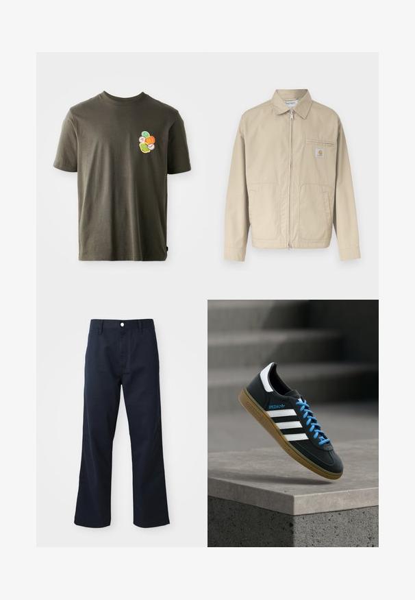 Beige vetoketjullinen takki, jossa on kaulus, kaksi etutaskua ja pieni Carhartt-logo vasemmassa rintataskussa.; Tummanoliivinvihreä puuvillapaita, jossa on pyöreä kaulus. Paidassa on värikäs painatus, jossa on pyöreitä muotoja vasemmassa rinnassa.; Navy blue puuvillahousut suoran lahkeen muotoilulla, joissa on vetoketjukiinnitys, nappisulku ja etutaskut. Sujuva pinta ja siisti viimeistely.; Musta Adidas-tennari valkoisilla raidoilla, sinisillä nauhoilla ja kumipohjalla kelluu pehmeässä valossa harmaan betonisen portaan yllä.