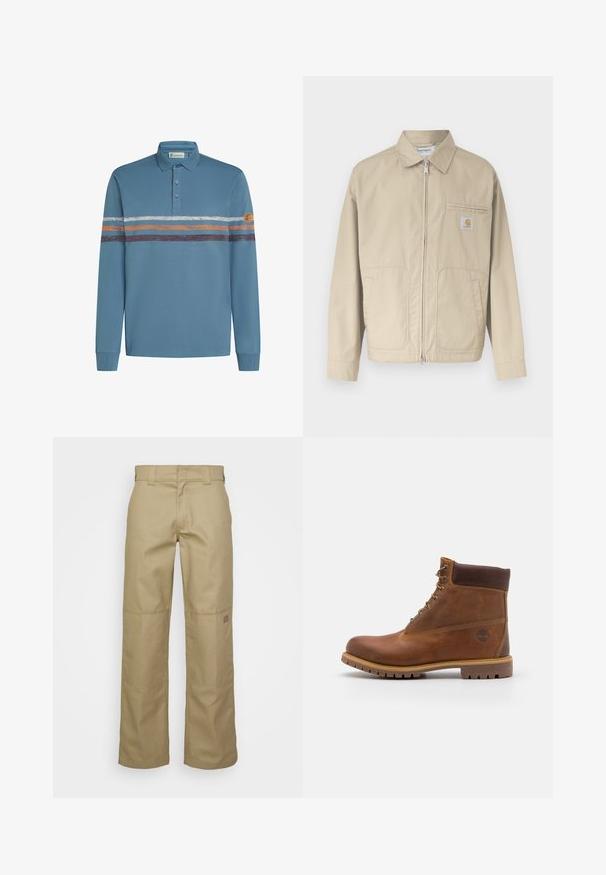 Béžová bunda na zips s golierom, dvoma prednými vreckami a malou nášivkou s logom Carhartt na ľavom náprsnom vrecku.; Modrá polokošeľa s dlhými rukávmi, tromi gombíkmi, bielymi, oranžovými a hnedými horizontálnymi prúžkami na hrudi a okrúhlym koženým štítkom na ľavom rukáve.; Béžové široké nohavice vyrobené z bavlnenej zmesi. Majú zosilnené kolenné remienky a malú logo nášivku na hornej časti nohy.; Hnedé kožené turistické topánky s hladkým povrchom, polstrovaným členkom, kovovými okami a gumovou podrážkou s drsným vzorom.