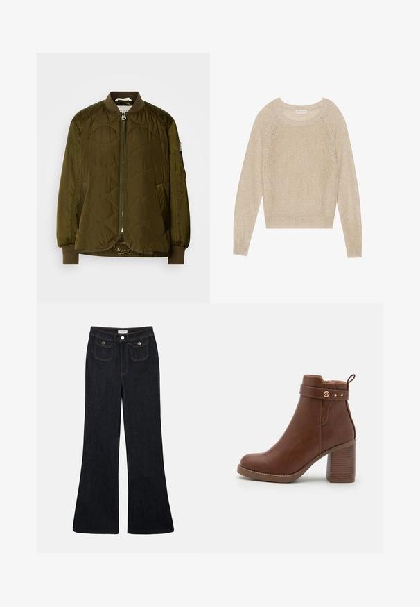 Veste bomber matelassée vert olive avec zip à l'avant, poignets côtelés et col montant. Équipée d'une poche latérale avec fermeture éclair.; Pull en tricot beige, col rond, manches longues, tissu texturé avec un léger éclat. Doté de manches raglan et d'un ourlet côtelé.; Jeans en denim foncé évasés avec une taille haute, deux poches avant et des coutures orange. Le matériau semble robuste et lisse.; Bottine en simili cuir marron avec un bout rond, un talon large et strié, et une sangle décorative avec un accent doré et une boucle.