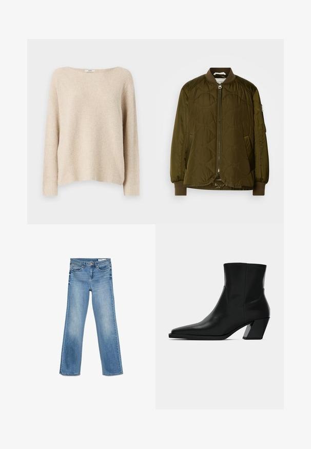 Olivgrünes gesteppte Bomberjacke mit Reißverschluss vorne, gerippten Bündchen und Stehkragen. Verfügt über eine seitliche Tasche mit Reißverschluss.; Beige gestrickter Pullover mit lockerer Passform, weitem Bootsausschnitt und gerippten Bündchen. Weiche Textur mit einem dezenten horizontalen Muster.; Helle blaue Denim-Jeans mit einem klassischen Fünf-Taschen-Design, Knopf- und Reißverschluss sowie geradem Bein.; Schwarze Leder-Stiefelette mit spitzem Zeh, schlanker Silhouette und klobigem quadratischem Absatz. Glatte Textur mit minimalen Nähdetails.