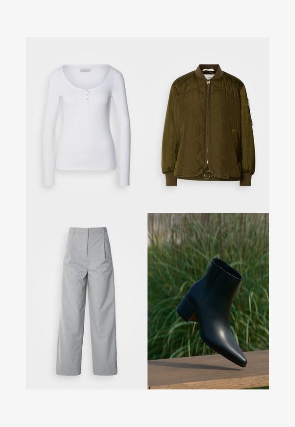 Veste bomber matelassée vert olive avec zip à l'avant, poignets côtelés et col montant. Équipée d'une poche latérale avec fermeture éclair.; Haut à manches longues blanc avec un décolleté en scoop, texture côtelée et trois accents de boutons argentés sur le plastron avant.; Pantalons larges gris en tissu texturé, avec une taille haute, des plis à l'avant et une coupe droite jusqu'à l'ourlet.; Bottine noire en cuir avec talon bloc, bout pointu, présentée au-dessus d'une surface en bois avec un fond flou d'herbe verte.