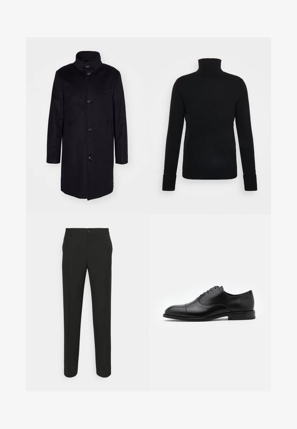 Marineblå uldfrakke med højt krave, enknaps design og fem store knapper. Har to sidelommer og en brystlomme.; FTC Cashmere ROLLNECK - Striktrøje - moonless night; Sorte skræddersyede bukser med lige snit, der har en enkelt knaplukning og bæltestropper. Glat, mat stof uden mønstre.; Sorte læderdress sko med rund tå, snørebåndsdesign og diskrete syninger. Har en lav hæl og glat tekstur.