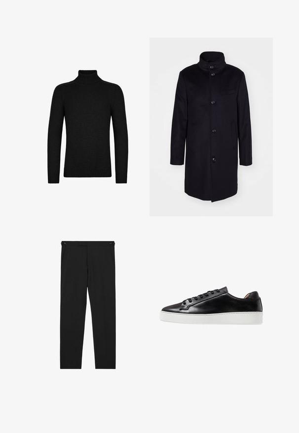 Marineblå uldfrakke med højt krave, enknaps design og fem store knapper. Har to sidelommer og en brystlomme.; Sort rullekravesweater lavet af blødt stof, med ribstrikket krave og manchetter, med en tætsiddende pasform og lange ærmer.; Svarte bukser med lige ben, sidelommer og knapdetaljer ved linningen, vist fladt mod en hvid baggrund.; Sorte lædersneakers med en glat finish, der har en hvid gummisål, snøreføring og minimalistiske designaccenter.