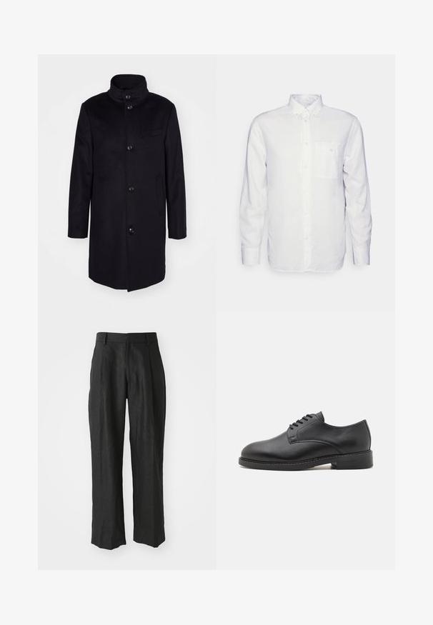 Marineblauwe wollen jas met een hoge kraag, enkelzijdige sluiting en vijf grote knopen. Voorzien van twee zijzakken en een borstzak.; Witte longsleeve shirt van katoen, met een button-down kraag, een voorzak en een regular fit. Textuurstof met een gladde oppervlakte.; Zwarte linnen broek met een recht model, voorzien van opvallende plooien aan de voorkant en een gladde, textuurafwerking.; Zwarte lederen oxford schoen met een ronde neus, voorzien van een gladde afwerking, vijf-oog veter sluiting en een lage gestapelde hak.
