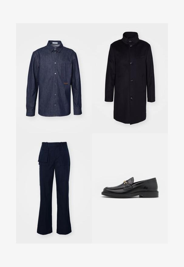 Manteau en laine bleu marine avec un col montant, design à simple boutonnage, et cinq grands boutons. Comprend deux poches latérales et une poche poitrine.; Chemise en denim foncé avec un devant boutonné, un col pointu, une poche poitrine unique et des détails de couture contrastants.; Pantalons cargo bleu marine avec une coupe droite, dotés de plusieurs grandes poches, d'une taille plate et d'un tissu lisse et texturé.; Mocassins en cuir noir avec un embout rond, présentant des accents en métal doré et des détails de couture, montés sur une semelle en caoutchouc texturé et basse.