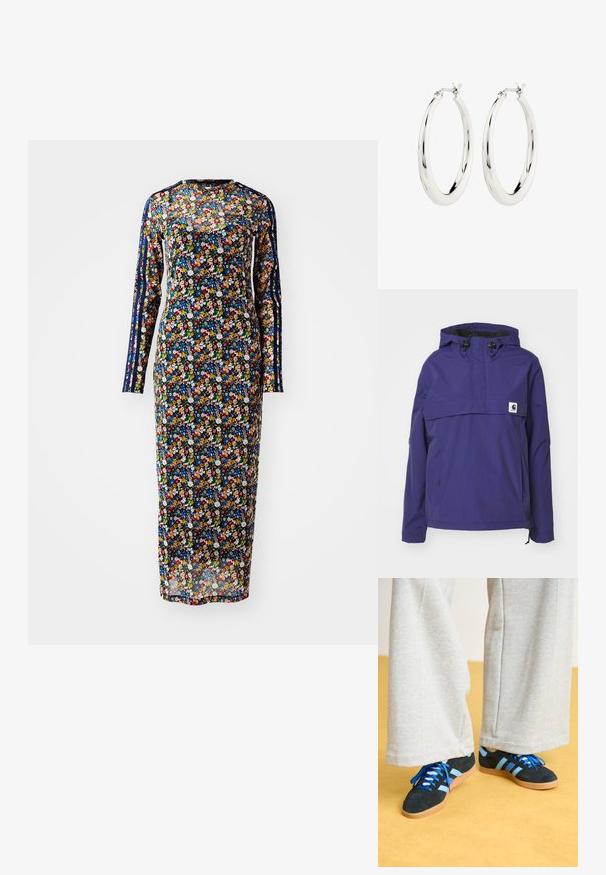 Chaqueta morada con capucha y diseño de media cremallera, bolsillo frontal y puños elásticos. Fabricada con material ligero y resistente al agua.; Vestido floral de manga larga en tela transparente con fondo azul marino, que presenta patrones de flores coloridas y franjas laterales en diferentes tonos.; Zapatillas de ante negras y azules con cordones azules y acentos a rayas, combinadas con pantalones de pierna ancha gris claro, sobre un suelo amarillo.; Pendientes de aro de plata con un acabado suave y brillante. Forma circular, con un cierre seguro. Diseño sencillo y elegante.
