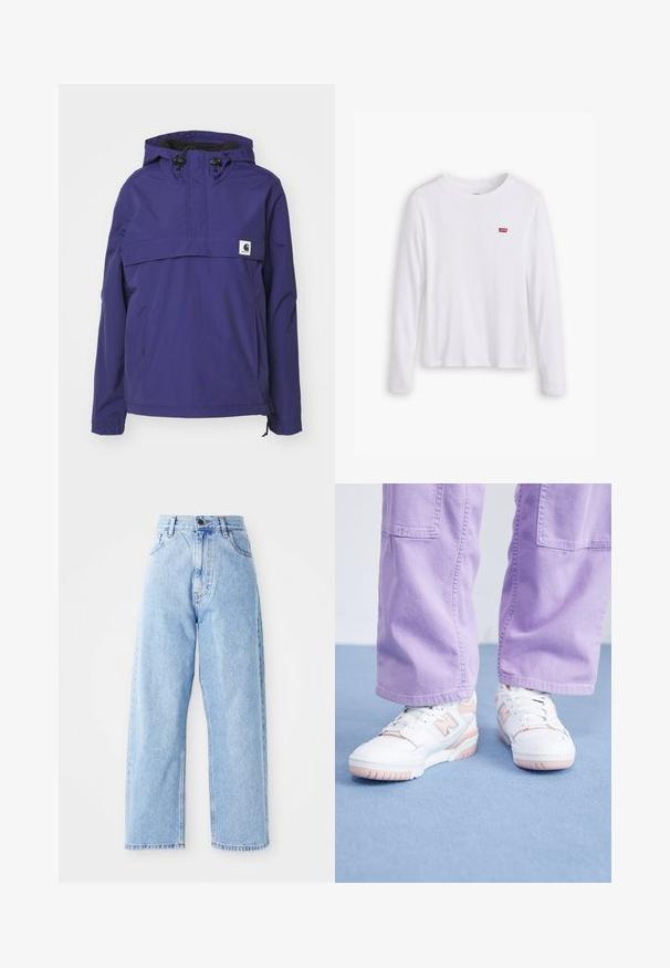 Chaqueta morada con capucha y diseño de media cremallera, bolsillo frontal y puños elásticos. Fabricada con material ligero y resistente al agua.; Camisa blanca de manga larga hecha de suave algodón. Presenta un pequeñoLogo rojo de Levi's en el lado izquierdo del pecho. Diseño clásico de cuello redondo.; Jeans de mezclilla de tiro alto en color azul claro, con piernas rectas y anchas, cierre frontal con botón y cremallera, y bolsillos delanteros y traseros.; Zapatillas blancas con acentos rosas, parte superior de cuero texturizado y suela de goma, combinadas con pantalones de pierna ancha de color púrpura claro sobre una superficie azul.