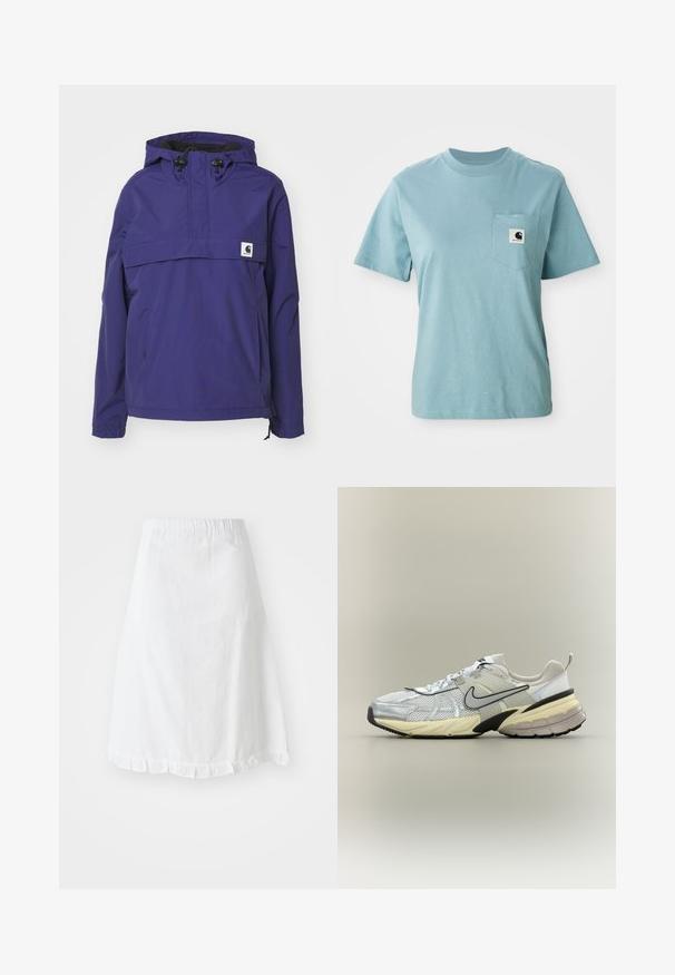 Chaqueta morada con capucha y diseño de media cremallera, bolsillo frontal y puños elásticos. Fabricada con material ligero y resistente al agua.; Camiseta de algodón de manga corta color azul claro con bolsillo en el pecho que presenta un pequeño parche del logotipo en blanco y negro de Carhartt.; Falda blanca con cintura elástica, que presenta un patrón texturizado y un dobladillo con volantes en la parte inferior. Diseño simple en forma de A.; Zapatilla Nike blanca y gris con parte superior de malla, logo swoosh negro, entresuela beige y suela negra sobre un fondo claro.