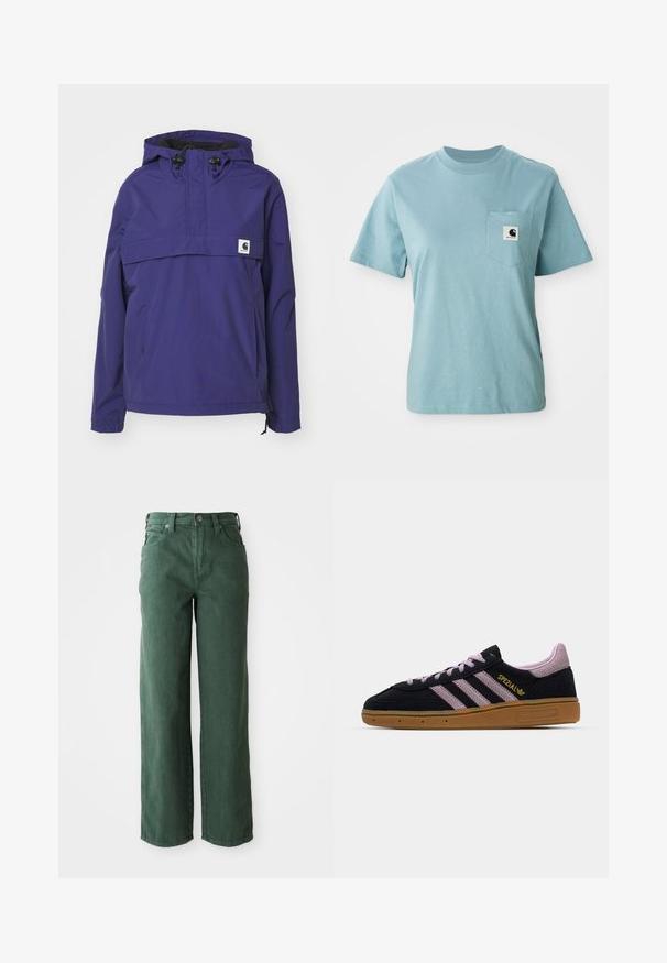 Chaqueta morada con capucha y diseño de media cremallera, bolsillo frontal y puños elásticos. Fabricada con material ligero y resistente al agua.; Camiseta de algodón de manga corta color azul claro con bolsillo en el pecho que presenta un pequeño parche del logotipo en blanco y negro de Carhartt.; Vaqueros verdes de pierna ancha hechos de denim. Presentan una cintura alta, piernas rectas, bolsillos frontales y cierre de botón metálico.; Zapatilla de ante negra y rosa con suela de goma, tres rayas rosas, branding dorado "SPEZIAL" y suela de goma texturizada. Diseño de corte bajo.