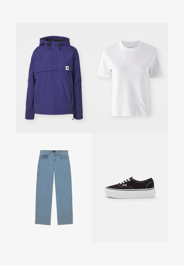 Chaqueta morada con capucha y diseño de media cremallera, bolsillo frontal y puños elásticos. Fabricada con material ligero y resistente al agua.; Camiseta de algodón blanca de manga corta con cuello redondo y un pequeño logo bordado en el pecho, de textura suave y diseño sencillo.; Vaqueros azul claro, corte holgado, tejido de denim, diseño de cinco bolsillos, cierre de botón, perneras rectas, costuras visibles, sin patrones ni acentos.; Zapatilla de lona negra con suela de plataforma de goma blanca, que presenta cordones y costuras blancas, con branding icónico en el lateral, diseño de corte bajo.