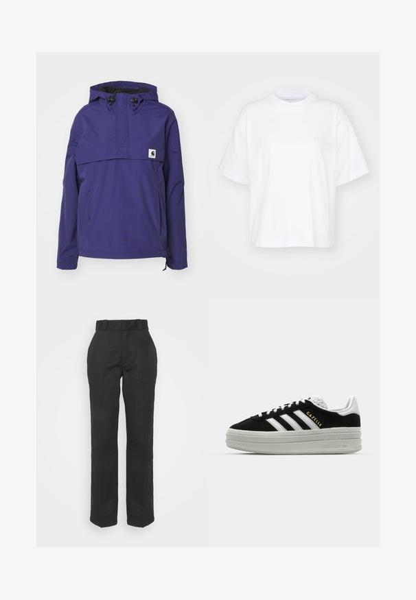 Chaqueta morada con capucha y diseño de media cremallera, bolsillo frontal y puños elásticos. Fabricada con material ligero y resistente al agua.; Camiseta de algodón blanca con cuello redondo, mangas cortas y un corte relajado. Presenta un logo sutil en el área del pecho izquierdo. Textura suave.; Pantalones negros con una textura suave, diseño de pierna recta y cintura con cinturón. Presenta una silueta simple y clásica sin patrones adicionales.; Zapatillas negras de ante con detalles en cuero blanco, tres rayas blancas, cordones planos y una gruesa suela de plataforma gris. Marca "Gazelle" en dorado.