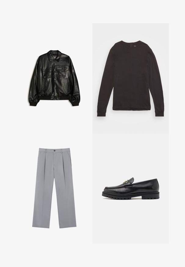 Veste aviateur en cuir noir avec boutons-pression, poignets et ourlet côtelés, poches avant, et motif abstrait embossé ainsi que texte sur la poitrine.; Pier One T-shirt à manches longues - black; Pantalons plissés gris à coupe décontractée, en tissu léger. Comprend des poches avant et une fermeture à bouton à la taille.; Mocassins en cuir noir avec une finition lisse, bout rond, une sangle décorative avec des accessoires en or, et une semelle noire robuste.