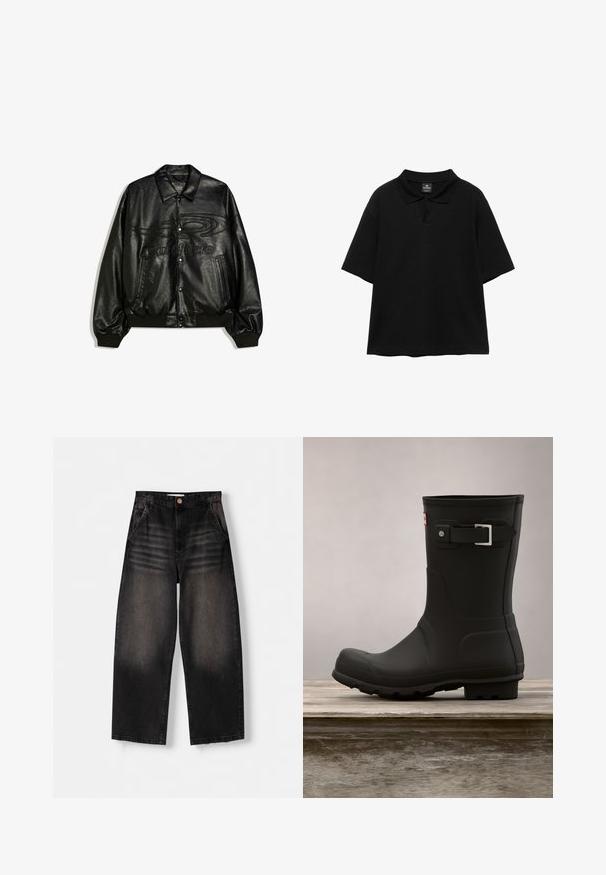 Sort læderbomberjakke med trykknapper, ribbede ærmegab og kant, frontlommer samt præget abstrakt design og tekst på brystet.; Sort kortærmet poloshirt med krave og lille slidse, vist mod en hvid baggrund.; Sorte denim bukser med vid ben, der har et falmet design, fem lommer, knaplukning og subtile slidte detaljer foran.; Sorte gummistøvler med lav hæl, rund tå og en sølv spændeaccent. Har en tekstureret sål for godt fodfæste.
