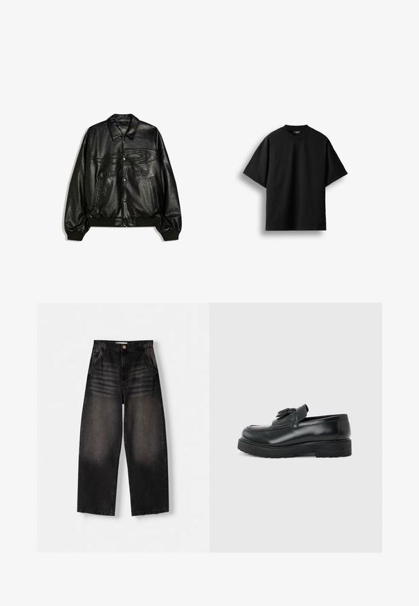 Veste aviateur en cuir noir avec boutons-pression, poignets et ourlet côtelés, poches avant, et motif abstrait embossé ainsi que texte sur la poitrine.; T-shirt noir à manches courtes et col rond, présenté à plat sur un fond blanc avec une petite étiquette visible au niveau du col.; Jeans en denim noir à jambe large avec un design délavé, dotés de cinq poches, d'une fermeture à bouton et de détails de whiskering subtils sur le devant.; Mocassin en cuir noir avec pampilles, semelle épaisse en caoutchouc et talon bas, présenté de profil sur un fond uni.