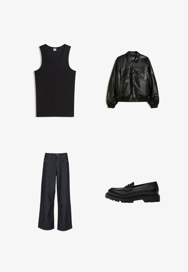Sort læderbomberjakke med trykknapper, ribbede ærmegab og kant, frontlommer samt præget abstrakt design og tekst på brystet.; Sort tanktop lavet af bomuld med rund halsudskæring og ærmeløs design. Glat tekstur uden synlige mønstre eller accenter.; Mørkeblå vidde jeans lavet af denim, med et klassisk design med fem lommer, kontrastsyning og en knapgylp.; Sorte læder loafers med en robust, struktureret sål. Har en dekorativ syet kant og en lav hæl for et moderne design.