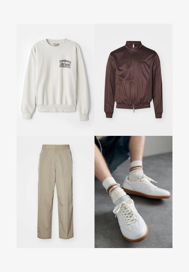 Braune Bomberjacke aus glänzendem Material mit hohem Kragen, Frontreißverschluss, elastischen Bündchen und Taillenbund. Minimalistisches Branding auf der Brust.; Cremefarbener Sweatshirt aus weichem Stoff, mit rundem Halsausschnitt und gerippten Bündchen. Es verfügt über ein graues, gedrucktes "Aries"-Logo.; Beige leichte Hose mit lockerer Passform, ausgestattet mit einem elastischen Bund und seitlichen Taschen. Der Stoff wirkt strukturiert und leicht zerknittert.; Weiße Ledersneaker mit glatter Textur, grauen Wildlederelementen, beigen Gummisohlen und flachen Schnürsenkeln. Kombiniert mit cremefarbenen und braun gestreiften Socken.
