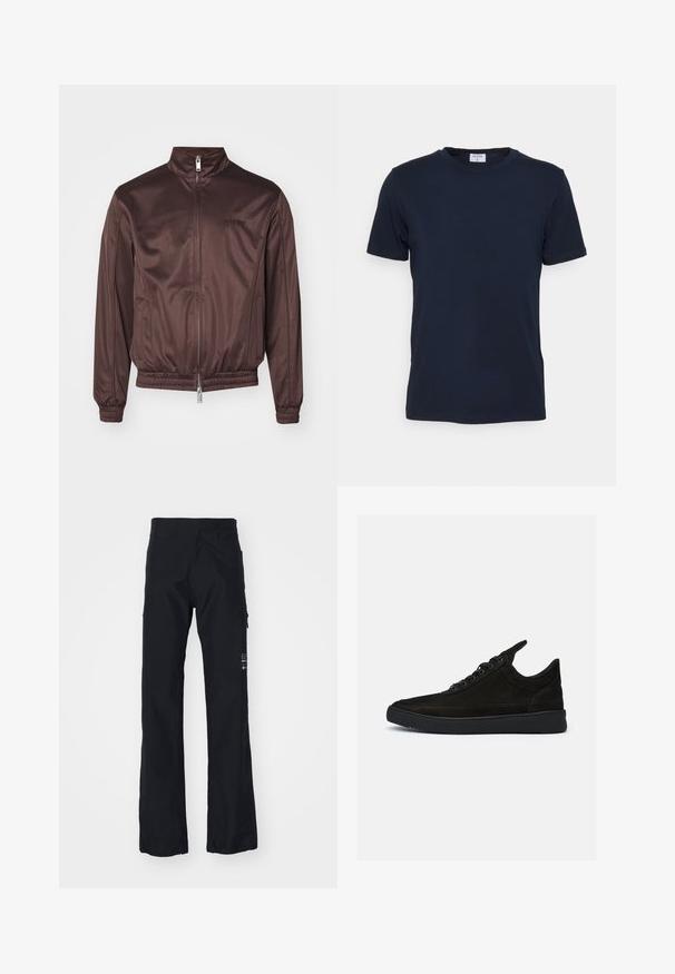 Veste aviateur marron en tissu brillant avec un col montant, fermeture éclair à l'avant, poignets élastiques et ceinture élastique. Présente un branding minimaliste sur la poitrine.; T-shirt bleu marine à col ras du cou fabriqué en tissu doux. Manches courtes avec une coupe classique, avec une étiquette au niveau du col. Texture lisse, design minimal.; Pantalons noirs en tissu doux et résistant. Comprend des jambes droites, des poches latérales et un logo sur la jambe inférieure droite.; Baskets en daim noir à profil bas, avec un bout rond et une semelle en caoutchouc texturé. Comprend cinq œillets et une languette à l'arrière.