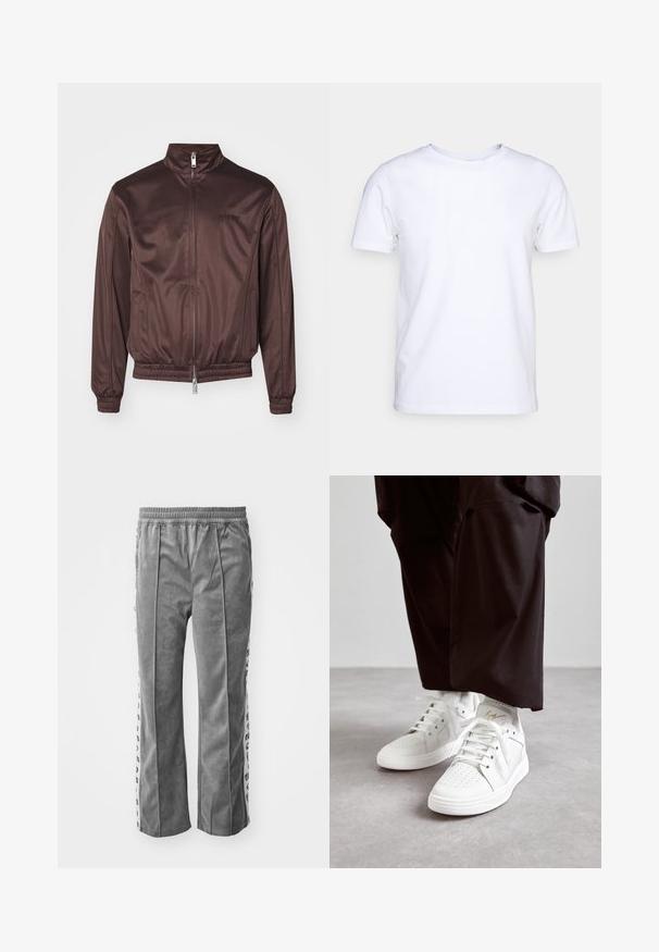 Chaqueta bomber marrón hecha de un tejido brillante con un cuello alto, cremallera delantera, puños elásticos y cinturilla. Presenta un logo minimalista en el pecho.; Camiseta blanca de manga corta en tejido de algodón con cuello redondo. Diseño simple sin patrones ni acentos. Textura suave.; Pantalones de terciopelo gris con una cintura elástica, que presentan rayas laterales con estampados gráficos. Diseño de pierna ancha, textura suave y sin bolsillos.; Zapatillas altas blancas de cuero suave con detalle de puntera perforada, agujetas planas blancas y un sutil acento dorado en el talón.