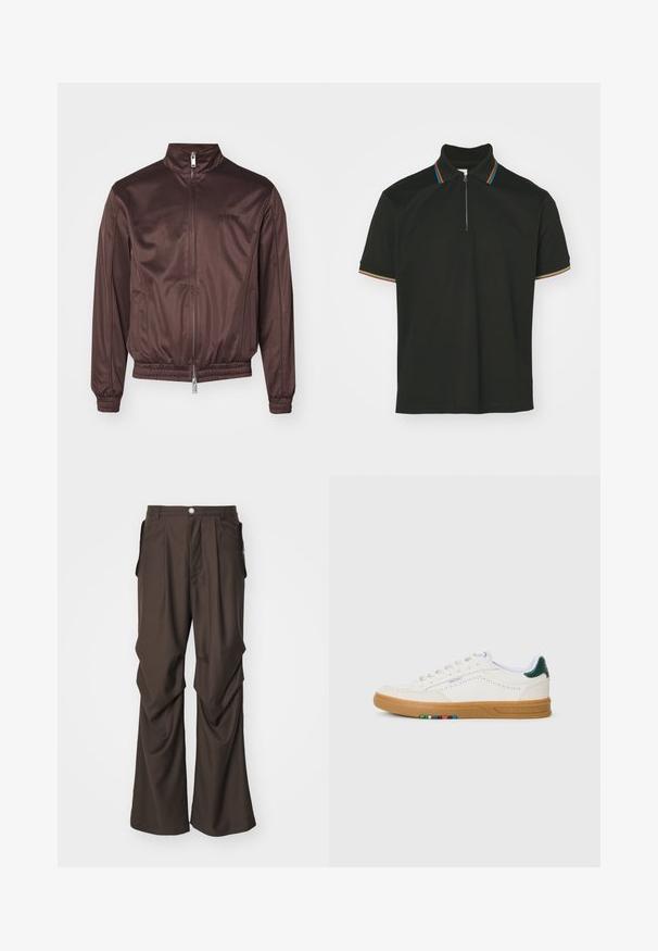 Pruun bomber-jakk läikiva kangaga, kõrge kraega, ees lukuga, elastsete mansetide ja vöökohtadega. Omab minimaalset brändimist rinnal.; Mustast polo-särgist, millel on tõmbluku kaelus ja mitmevärvilised triibud. Lühikesed varrukad ja sile puuvillane tekstuur.; Pruunid kohandatud püksid laia säärega disainiga, külgpockets ja esine nööpkinnitus. Sile kangas peente voltidega.; Valge nahkne tennisekeng, millel on perforatsioonimuster, kummist põhi, roheline kand ja värviline triibuline detail külgedel.