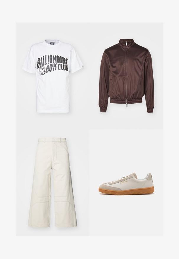Bruine bomberjack van glanzende stof met een hoge kraag, een rits aan de voorkant, elastische manchetten en tailleband. Heeft minimale branding op de borst.; Witte katoenen t-shirt met de tekst "Billionaire Boys Club" in grote zwarte letters, met een astronautenafbeelding aan de linkerkant. Korte mouwen.; A-COLD-WALL* FORMAT PANT - Broek - beige bone; Witte en beige lage sneakers met een gumrubberen zool, witte veters, suède details en een gouden "Paul Smith" logo aan de zijkant.