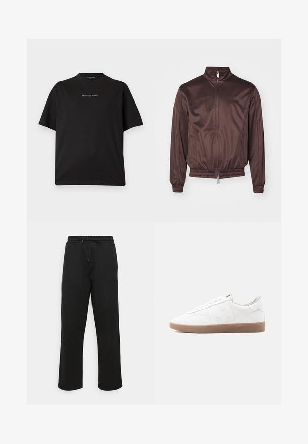 Brun bomberjakke lavet af skinnende stof med høj krave, frontlynlås, elastiske manchetter og livrem. Har minimal branding på brystet.; Sort t-shirt med korte ærmer og rund hals med "MICHAEL KORS"-logo centreret i lille guldtekst på brystet.; Sorte sweatpants lavet af blødt stof, med en elastisk talje med snøre, sidesøm og et lille logo-detalje på benet.; Hvid lav sneaker med gummisål i naturfarve, syninger og snørebånd på neutral baggrund.