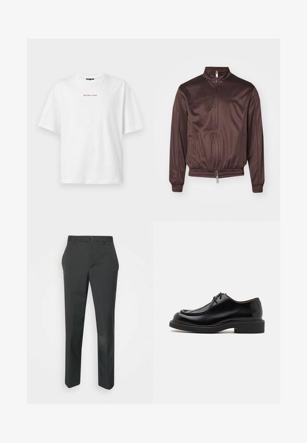 Chaqueta bomber marrón hecha de un tejido brillante con un cuello alto, cremallera delantera, puños elásticos y cinturilla. Presenta un logo minimalista en el pecho.; Camiseta blanca de manga corta con cuello redondo y pequeño texto rojo "MICHAEL KORS" centrado en el pecho.; Neil Barrett PLEAT TROUSERS - Pantalones - black; Zapato de cuero negro con punta redondeada, detalles de costura, cordones mínimos y suela de goma gruesa para tracción y durabilidad.