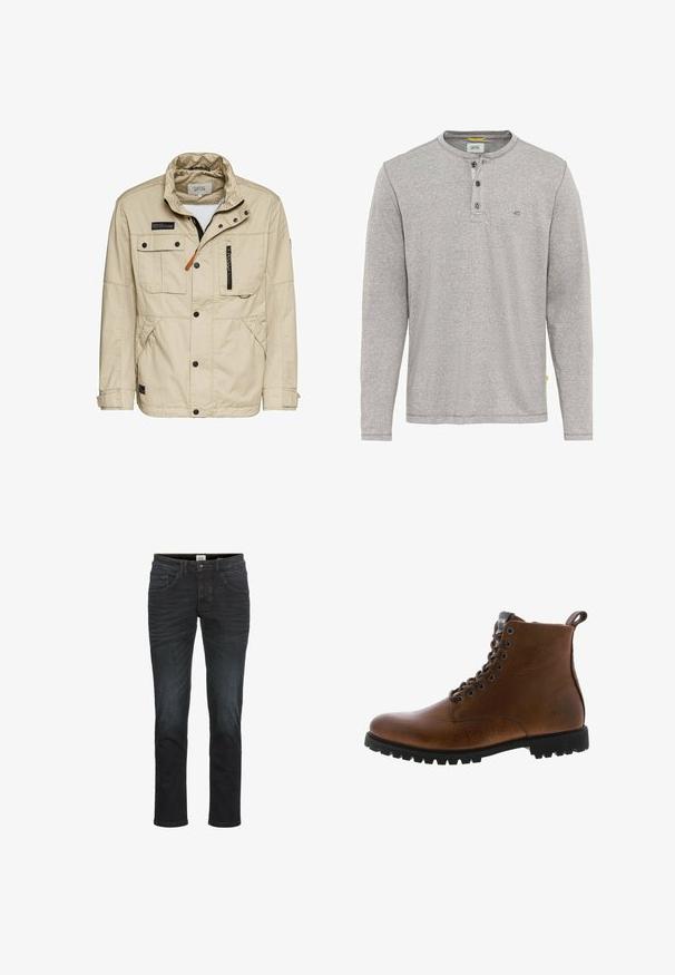 Beige buitenjas van lichtgewicht stof, met een hoge kraag, meerdere zakken, drukknoopsluitingen en een rits aan de voorkant.; Grijze langemouwen shirt met een henley-kraag, drie knopen en een subtiele structuur. Bevat een klein logo vlakbij de kraag en een label.; Slim-fit jeans in een donkere denimwassingen, met vijf zakken, riemlussen en een rits. Glad textuur met minimale vervaging en stikseldetails.; Bruine leren enkelbotten met een gestructureerde afwerking, metalen oogjes en een zwarte rubberen profielzool. Voorzien van een trekband aan de achterkant voor gemakkelijke instap.