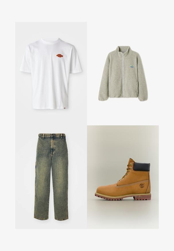 Lys grå fuzzy fleecejakke med høj krave, fuld lynlås og logo-patch. Har elastiske manchetter og sidelommer. Blød tekstur.; Hvid bomulds t-shirt med korte ærmer, der har et lille orange og sort "Dickies" logo på venstre brystområde.; Slidse denim jeans i en falmet blå og grøn vask. Har en knaplukning, bælteløkker og sidelommer. Flad front og lige ben-design.; Brun læderankelstøvle med sort krave, gule snørebånd og tanfarvet sål. Har logo og hvide syninger som detalje. Robust ydersål med greb.