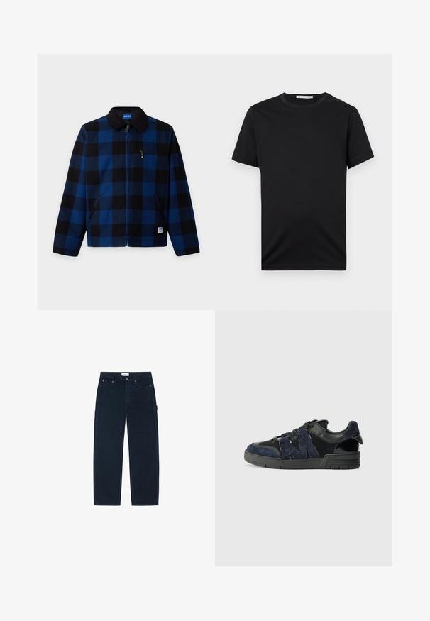 Blauw-zwart geruit jack met zwarte kraag, ritssluiting aan de voorkant, een borstzak met rits en zijzakken, met het label Hugo op de kraag en zoom.; Zwarte T-shirt met korte mouwen en ronde hals, met een effen ontwerp en het label "Tiger of Sweden" aan de binnenkant van de hals.; Zwarte rechte broek met voor- en achterzakken, riemlussen en een zijlus voor gereedschap, plat gelegd op een witte achtergrond.; Zwarte en marineblauwe sneakers zijn gemaakt van suede en mesh materialen, met een dikke zool en een opvallend uitgesneden "M" detail aan de zijkant.