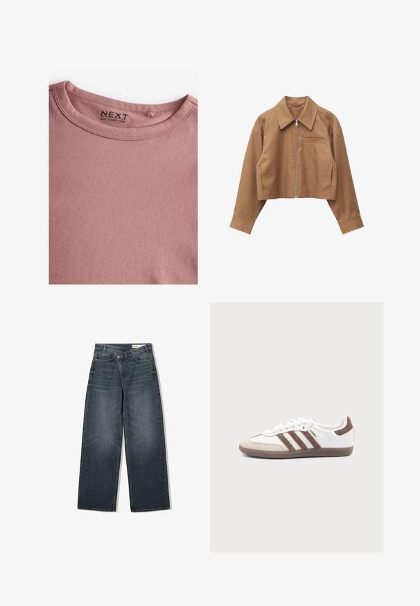 Veste courte marron clair avec une fermeture éclair frontale, un large col, des manches longues et une petite poche poitrine du côté gauche.; T-shirt à manches longues à col ras-du-cou couleur rose poudré, en coton doux, avec un col rond simple et une texture lisse. L'étiquette indique "NEXT."; Jean en denim foncé avec une coupe large, doté d'une taille haute, de cinq poches et d'un léger délavage sur le devant.; Baskets Adidas Samba blanches avec des bandes en daim marron, semelle en caoutchouc marron et bout en daim beige, vues du côté extérieur sur un fond uni.