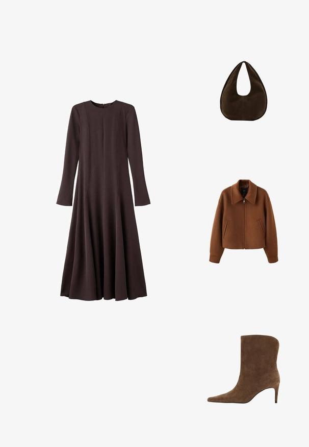 Veste zippée en laine marron avec large col et deux poches fendues sur le devant, coupe décontractée et manches longues.; Robe à manches longues de couleur brun foncé, fabriquée en tissu texturé avec un col rond, des coutures latérales et un ourlet évasé. Dispose d'une fermeture éclair au dos.; Bottine en daim brun avec un bout pointu et un talon fin, présentant un design supérieur épuré et une texture lisse.; Sac à main en daim marron foncé en forme de croissant avec une seule sangle large et une texture lisse sur fond blanc.