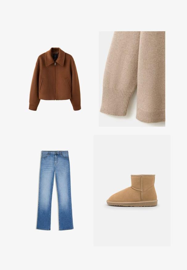 Brun uldjakke med lynlås, bred krave og to forlommer med slidser, afslappet pasform og lange ærmer.; Beige strikket sweaterærme og kant med ribstrikkede manchetter på en lys baggrund.; Blå denimjeans med høj talje og lige ben, med forlommer og lukning med knapper.; Brun ruskinds ankelstøvle med rund tå og polstret krave, der har kontrastsyninger og en tekstureret gummisål.