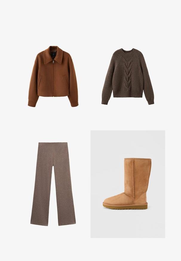 Brun uldjakke med lynlås, bred krave og to forlommer med slidser, afslappet pasform og lange ærmer.; Brun strikket sweater med rund halsudskæring, lange ærmer og et kabelstrikdesign, der løber ned langs fronten. Ribbet kant og manchetter.; Brune brede bukser lavet af blødt, tekstureret stof. Designet har en høj talje og en løs pasform, perfekt til afslappet brug.; Lysebrun ruskindsstøvle med mellemhøj skaft, tyk sål og synlige syninger, vist fra ydersiden mod en ensfarvet baggrund.