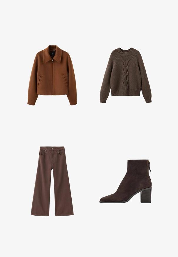 Bruine wollen jas met ritssluiting, brede kraag en twee voorzakken met verticale opening, losse pasvorm en lange mouwen.; Bruin gebreid sweater met een ronde halslijn, lange mouwen en een kabelbrei ontwerp dat over de voorkant loopt. Geribbelde zoom en manchetten.; Bruine wijde spijkerbroek van denim. Heeft vijf zakken, een ritssluiting en metalen klinknagels. Gladde textuur en klassiek ontwerp.; Bruine suède enkellaars met een puntige neus, een gestructureerde blokhak en een ritsdetail aan de achterkant.