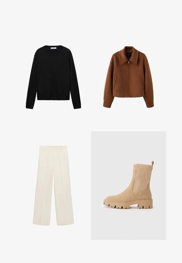 Brun uldjakke med lynlås, bred krave og to forlommer med slidser, afslappet pasform og lange ærmer.; Sort langærmet sweater lavet af blødt materiale med rund hals og ribbede manchetter, med et enkelt og lige snit design.; Bredde bukser i cremefarve, lavet af glat stof. Har flad front, to frontlommer og rene syninger.; Beige ankelstøvle i ruskind, med ribbet elastik på siderne, flad sål og kraftig hæl. Strukturerede detaljer forbedrer designet.