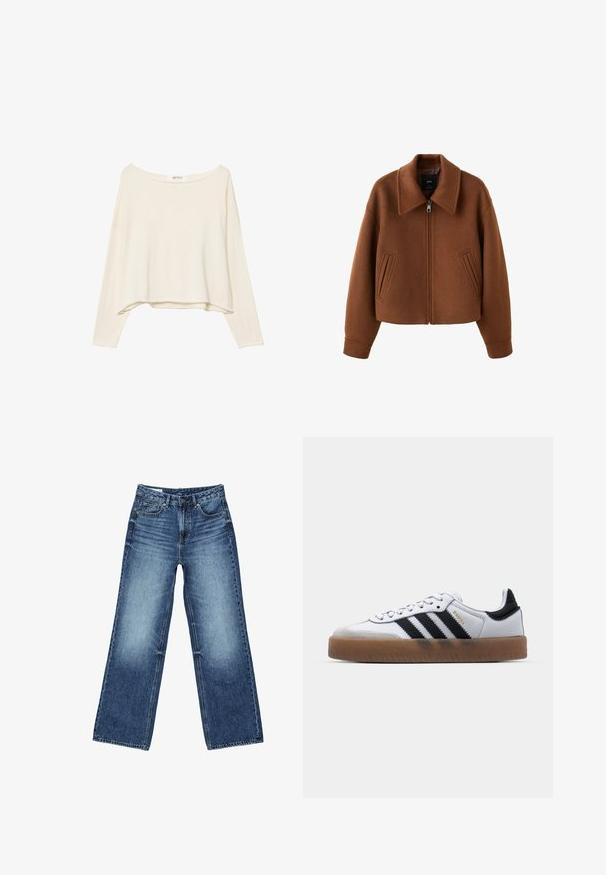 Brun uldjakke med lynlås, bred krave og to forlommer med slidser, afslappet pasform og lange ærmer.; Lys beige cropped sweatshirt med bred halsudskæring, lange ærmer og et blødt, tekstureret stof. Har en afslappet, boxy pasform.; Blå vidtsiddende jeans i denim med forlommer og møntlomme foran, knaplukning og falmet vask på lår og knæ.; Hvide lædersneakers med sorte striber, gummirubber sål, rund tå, snørelukning og blød grå ruskinds tåhætte.