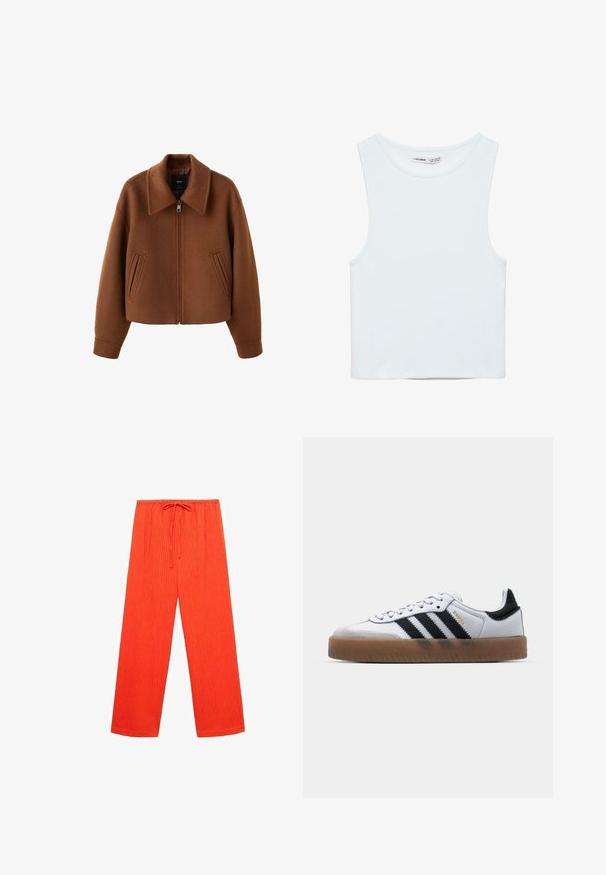 Brun uldjakke med lynlås, bred krave og to forlommer med slidser, afslappet pasform og lange ærmer.; Hvid ærmeløs crop top med rund halsudskæring, lavet af glat stof, mærket Pull&Bear, egnet til afslappet brug.; Røde, vide bukser lavet af tekstureret stof med vertikale ribbninger og en elastisk talje med snor til justerbarhed.; Hvide lædersneakers med sorte striber, gummirubber sål, rund tå, snørelukning og blød grå ruskinds tåhætte.