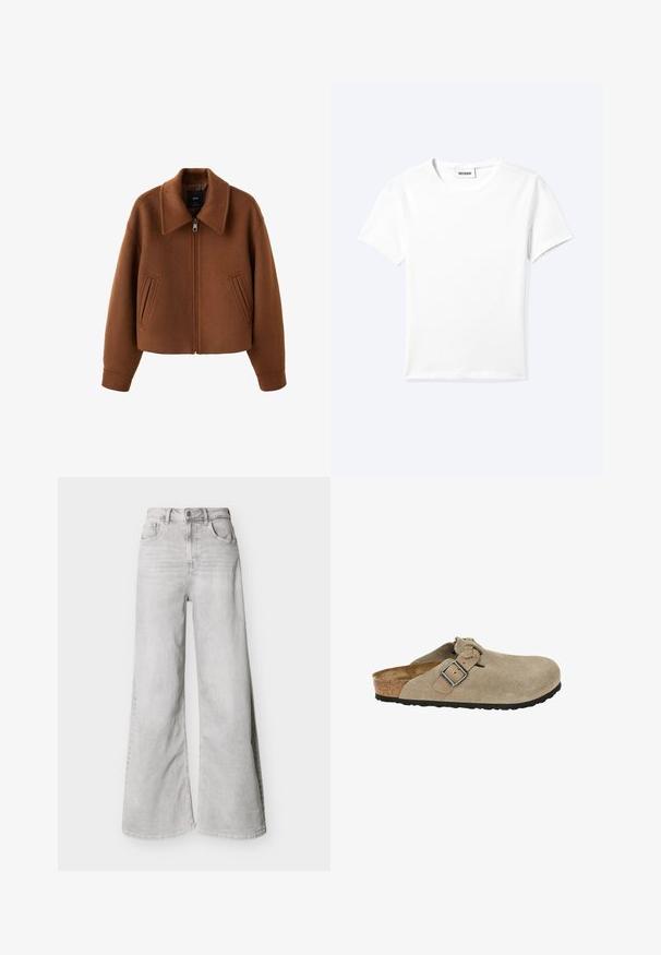 Chaqueta de lana marrón con cremallera, cuello ancho y dos bolsillos delanteros tipo ranura, corte holgado y mangas largas.; Camiseta blanca lisa de manga corta con cuello redondo y una pequeña etiqueta "WEEKDAY" dentro del cuello, mostrada extendida sobre un fondo claro.; Jeans de pierna ancha color gris claro hechos de mezclilla, con cintura alta, bolsillos delanteros y cierre de botones. Textura suave con un aspecto ligeramente desvanecido.; Zuecos de ante beige con punta redondeada, correa ajustable y hebilla, media suela de corcho y suela de goma negra texturizada para mayor tracción.